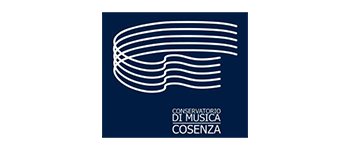 Logo of the Conservatorio di Musica Cosenza, featuring white wave-like musical staff lines on a dark blue background, with text at the bottom.