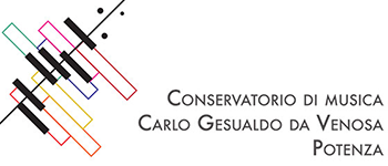 Logo of the Conservatorio di Musica Carlo Gesualdo da Venosa in Potenza, featuring abstract colorful lines and musical notes on the left, and the name of the institution on the right side.