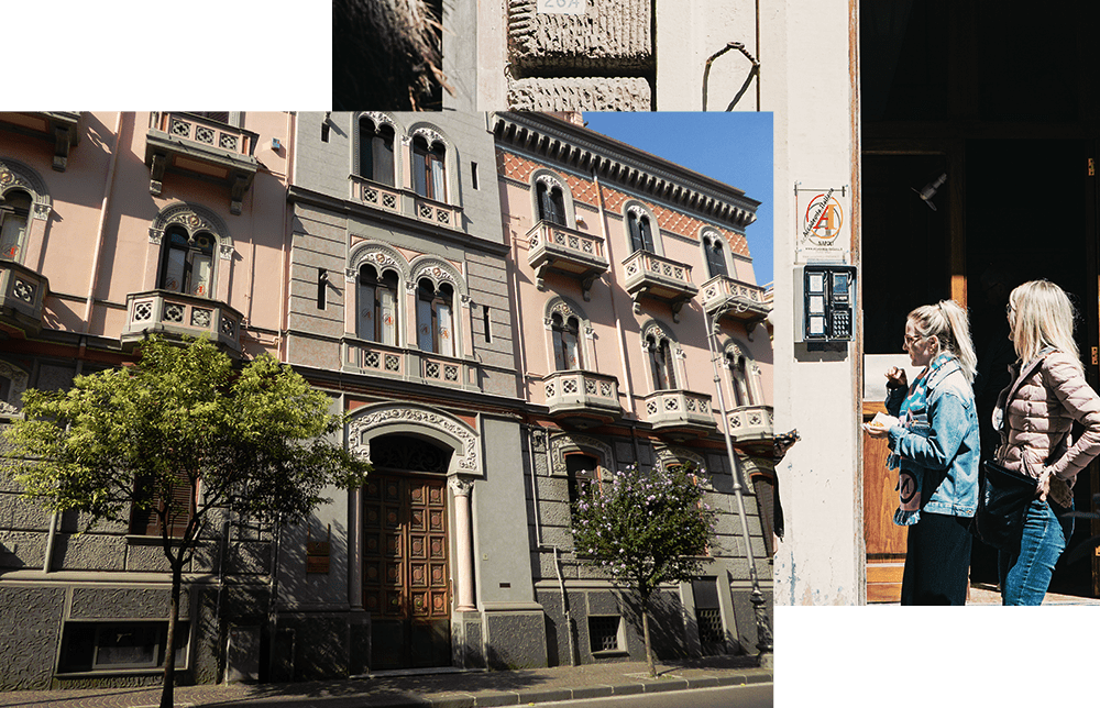  Two images depict individuals strolling in front of a building, showcasing urban life and movement.