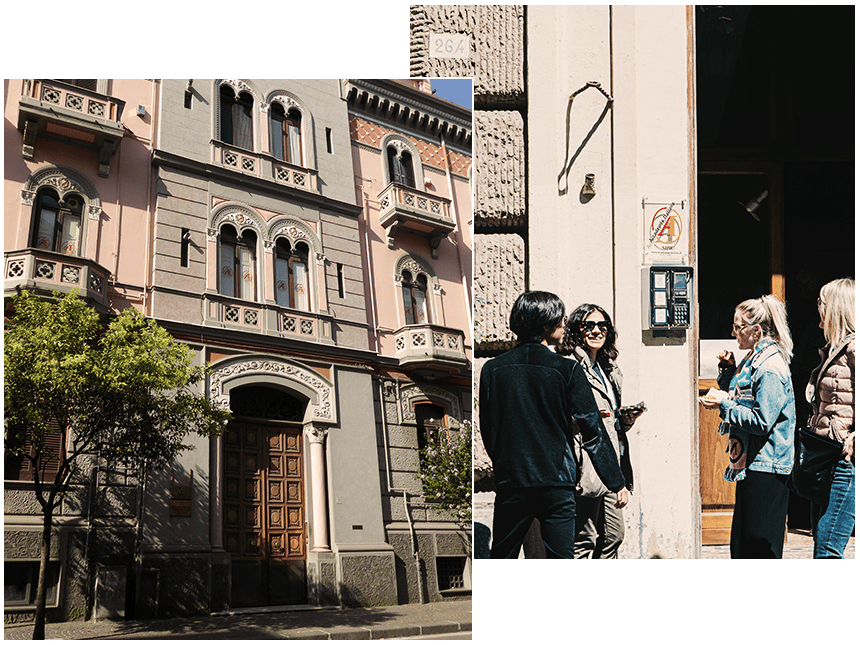 Two images depicting individuals standing outside a building, showcasing their casual attire and the architectural features.